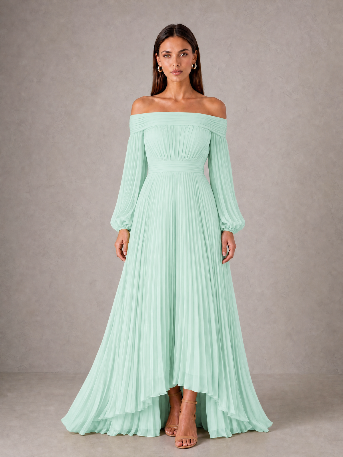 BOLODOO Mint Green Off-Shoulder Long Sleeve Pleated High-Low Dress - Mint Green - Mint_Green_1