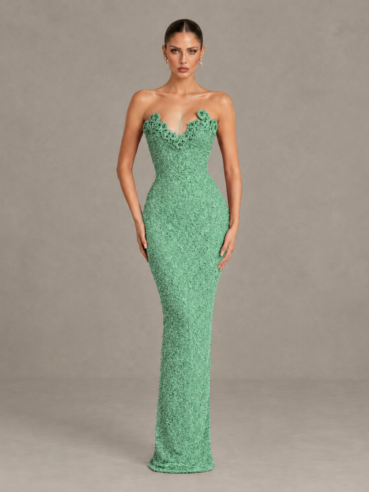 BOLODOO Mint Green Strapless Sequin Evening Gown with Floral Neckline - Mint Green - Mint Green_1