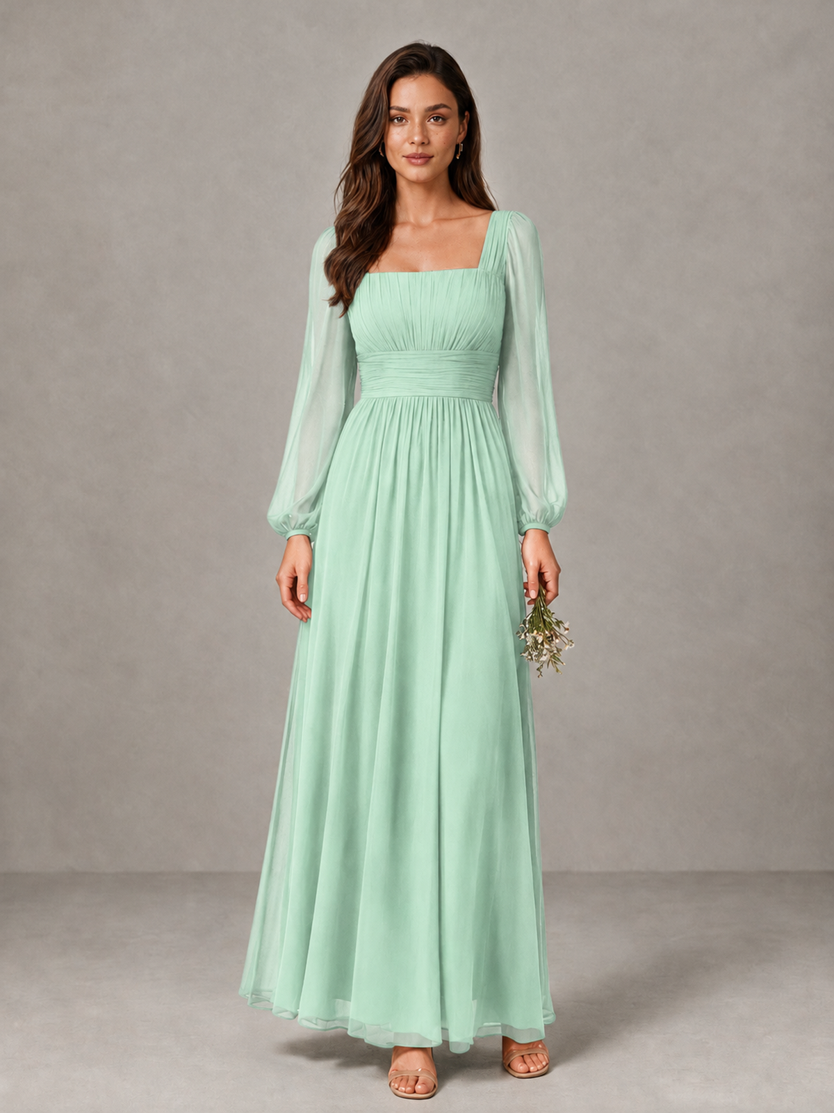 BOLODOO Mint Green Square Neck Long Sleeve Chiffon Bridesmaid Dress - Mint Green - Mint Green_1