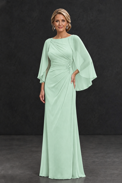 BOLODOO Mint Green Cape Sleeve Mother of the Bride Dress with Ruched Waist - Mint Green - Mint Green_1