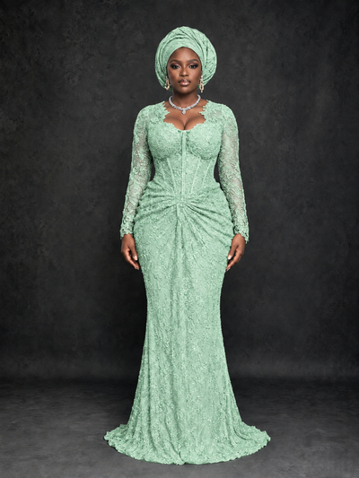 BOLODOO Mint Green Beaded Lace Long Sleeve Mermaid Gown Sweetheart | Mother of the Bride - Mint Green - Mint Green_1