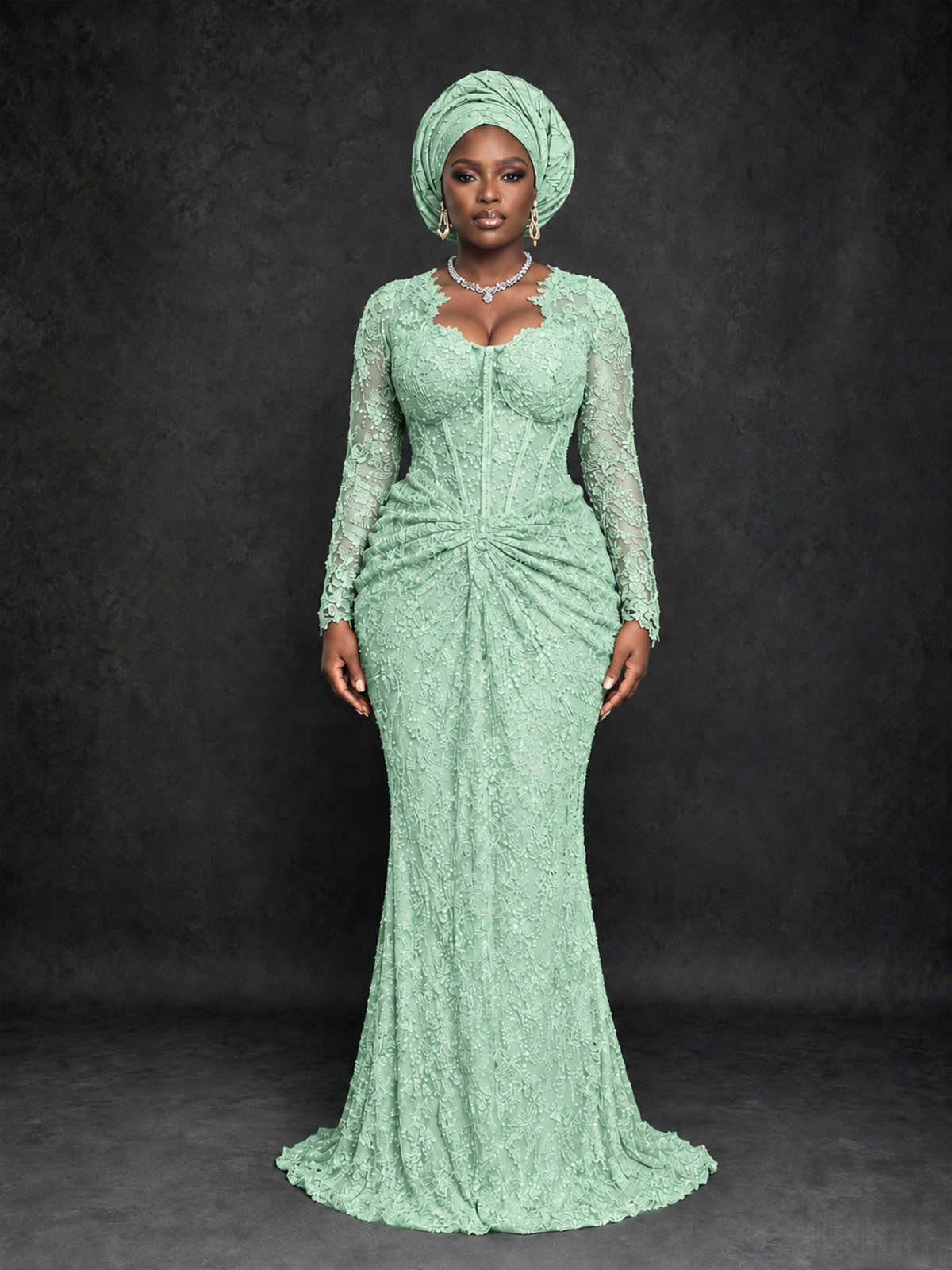 BOLODOO Mint Green Beaded Lace Long Sleeve Mermaid Gown Sweetheart | Mother of the Bride - Mint Green - Mint Green_1