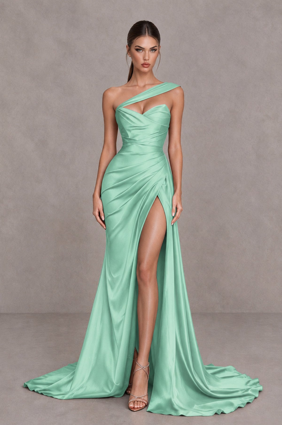 BOLODOO Mint Green One Shoulder Satin Mermaid Evening Dress with Ruched Slit Skirt - Mint Green - Mint Green_1