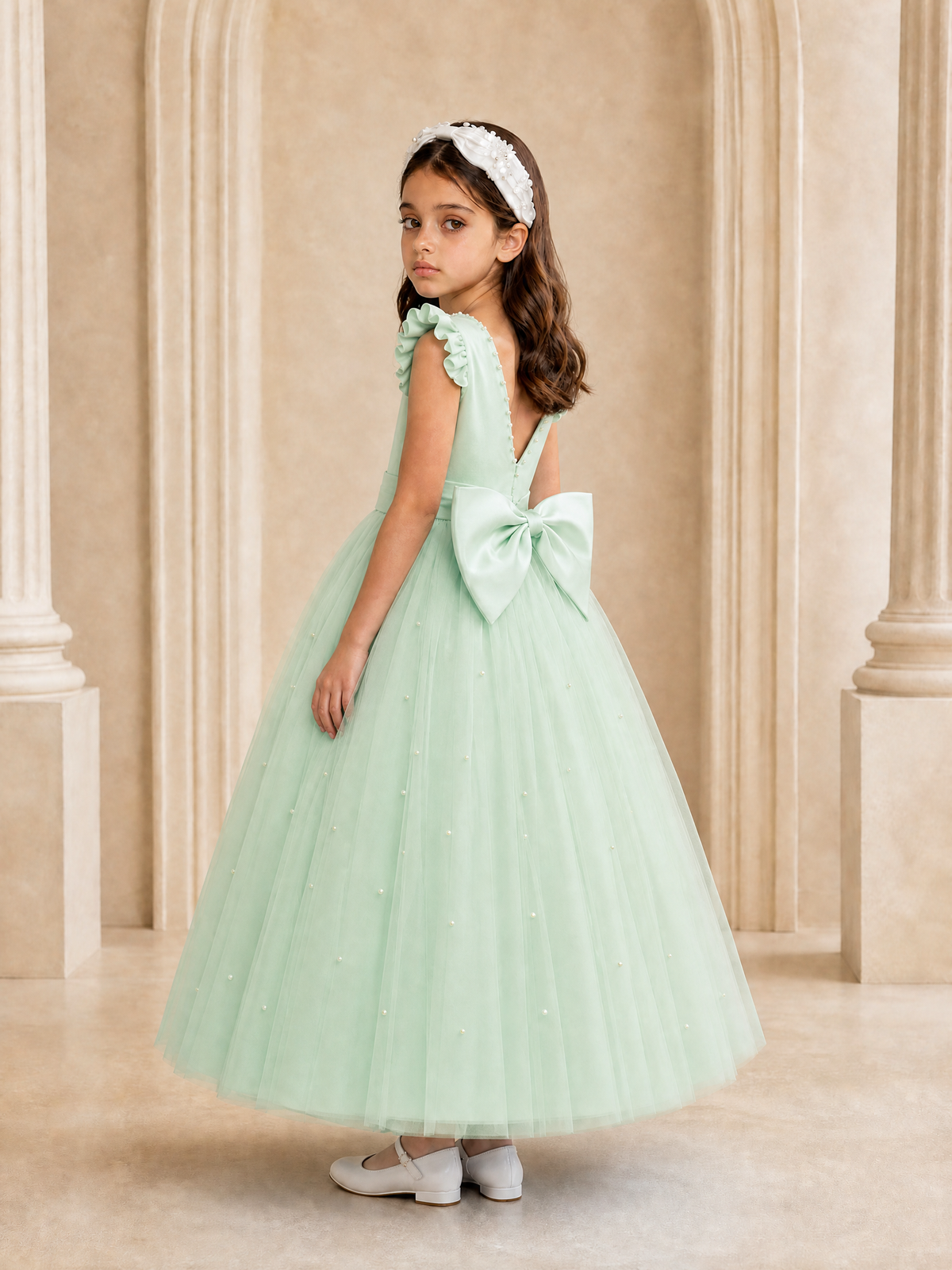 BOLODOO Mint Green Tulle Flower Girl Dress with Ruffle Sleeves & Bow Back - Mint Green - Mint_Green_1