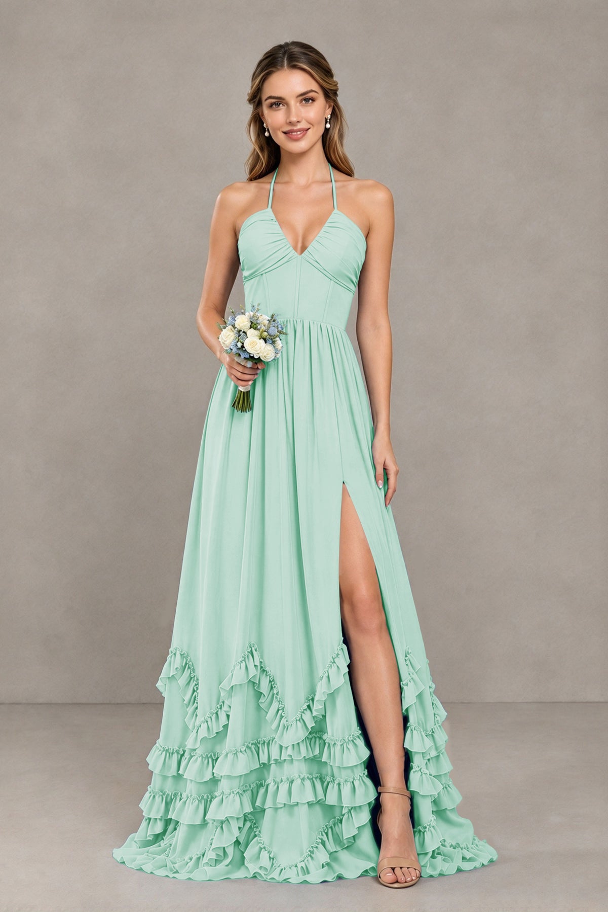 BOLODOO Mint Green Halter Ruffle Hem A-Line Bridesmaid Dress with High Slit - Mint Green - Mint Green(1)