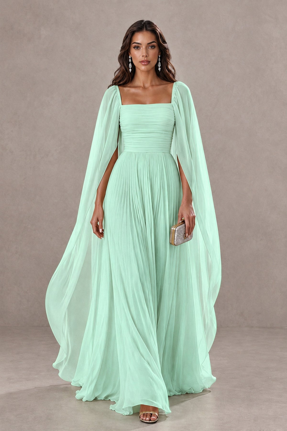 BOLODOO Mint Green Square Neck Cape Sleeve A-Line Evening Dress - Mint Green - Mint_Green_1