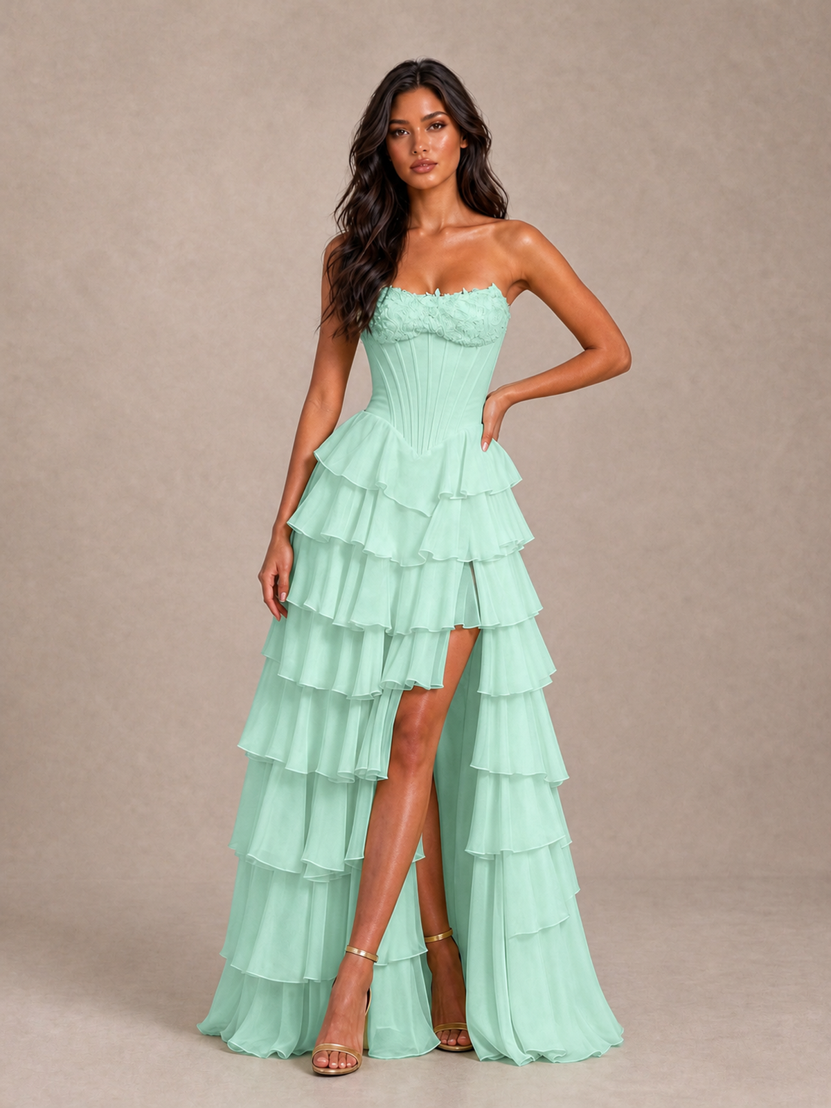 BOLODOO Mint Green Strapless Corset Tiered Ruffle Prom Dress with High Slit - Mint Green - Mint Green_1