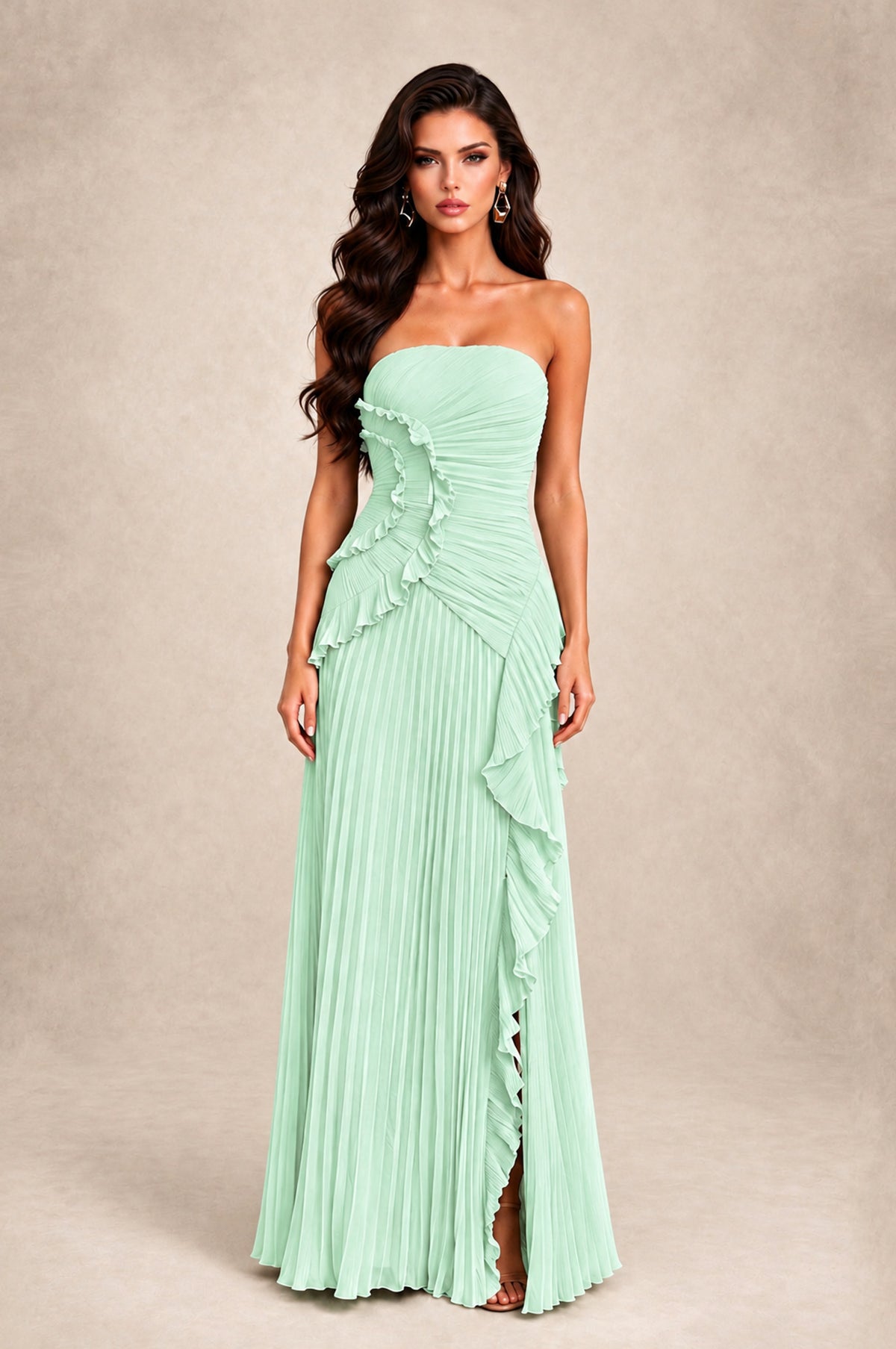 BOLODOO Mint Green Strapless Ruffle Pleated Slit Evening Gown - Mint Green - Mint Green_1