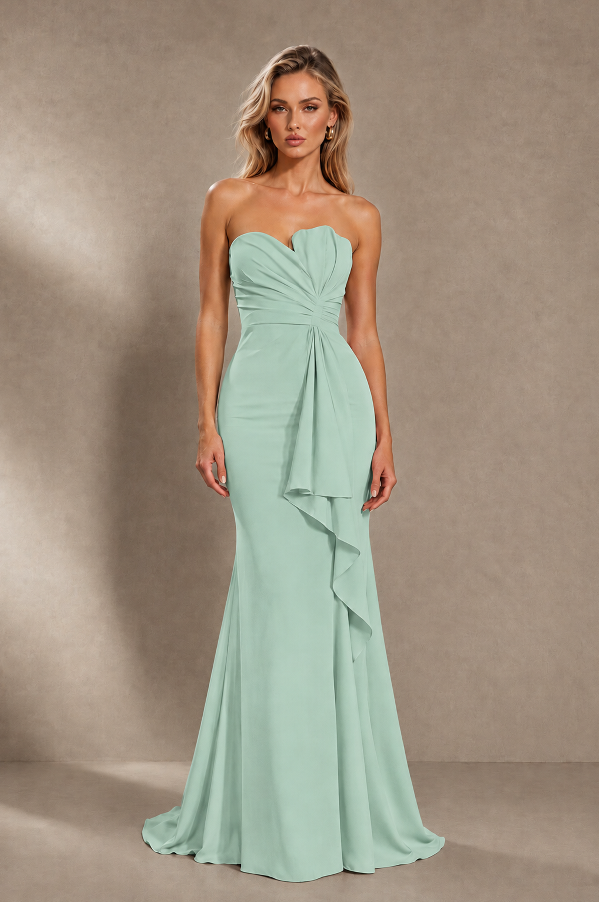 BOLODOO Mint Green Strapless Sweetheart Ruched Mermaid Gown | Cascade Drape Formal Evening Dress - Mint Green - Mint_Green_1
