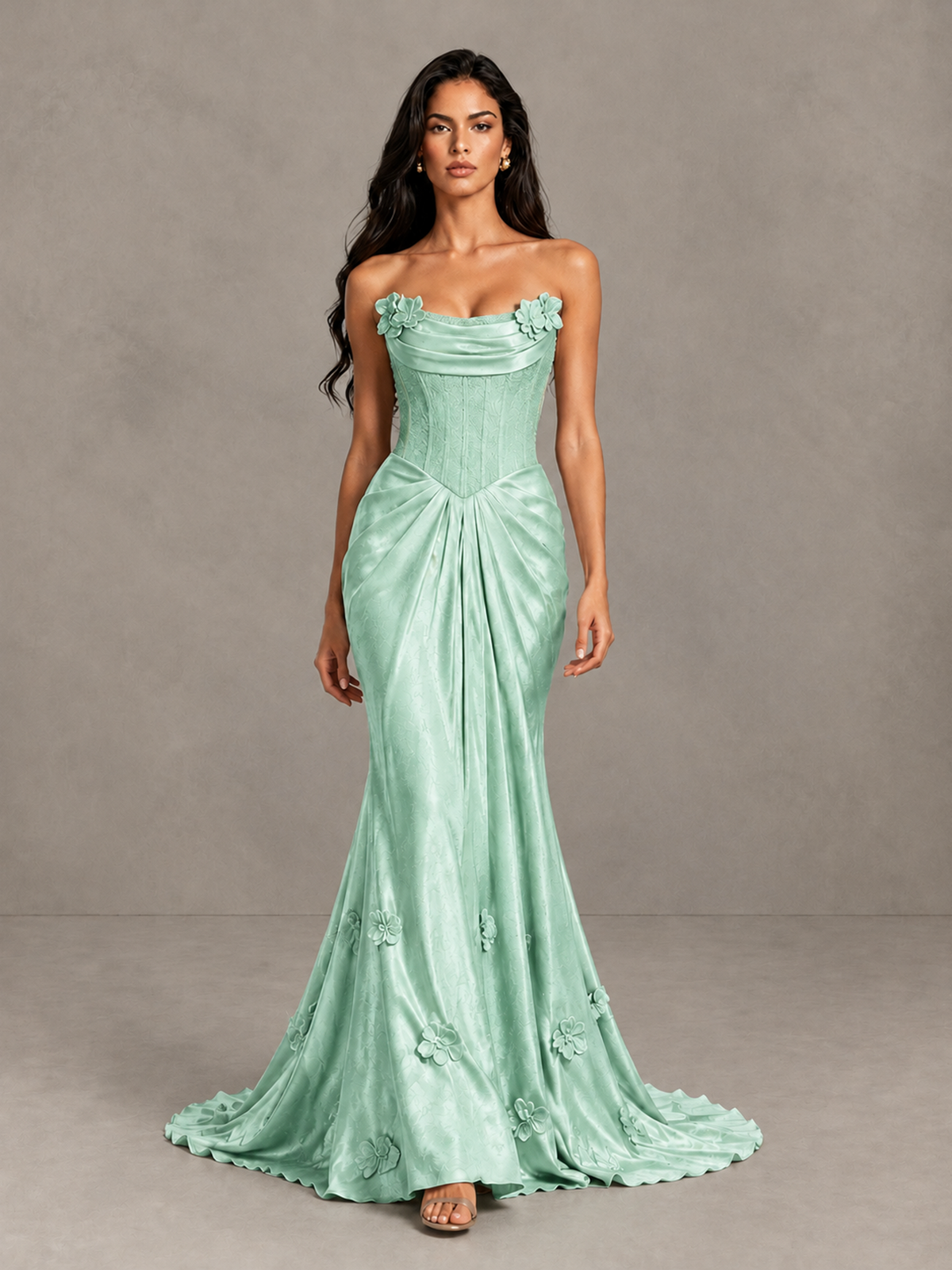 BOLODOO Mint Green Strapless Floral Corset Evening Gown with Train - Mint Green - Mint Green_1