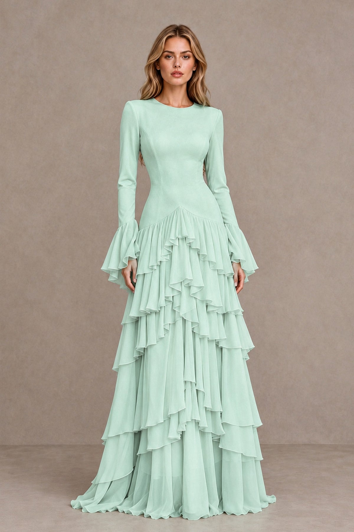Mint Green Long Sleeve Tiered Ruffle Evening Gown - Mint Green - Mint Green_1