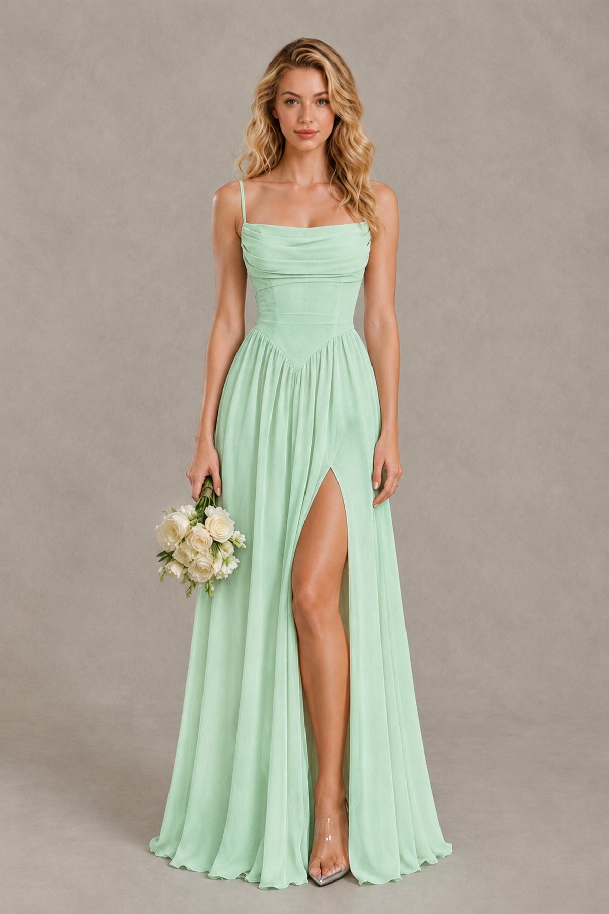 BOLODOO Mint Green Spaghetti Strap A-Line Bridesmaid Dress with Slit - Mint Green - Mint Green_1