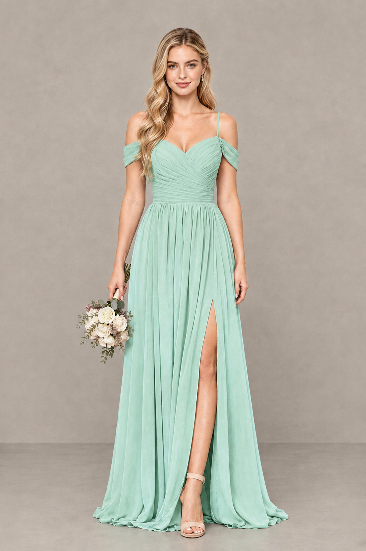 BOLODOO Mint Green Off-Shoulder Bridesmaid Dress with Slit - Mint Green