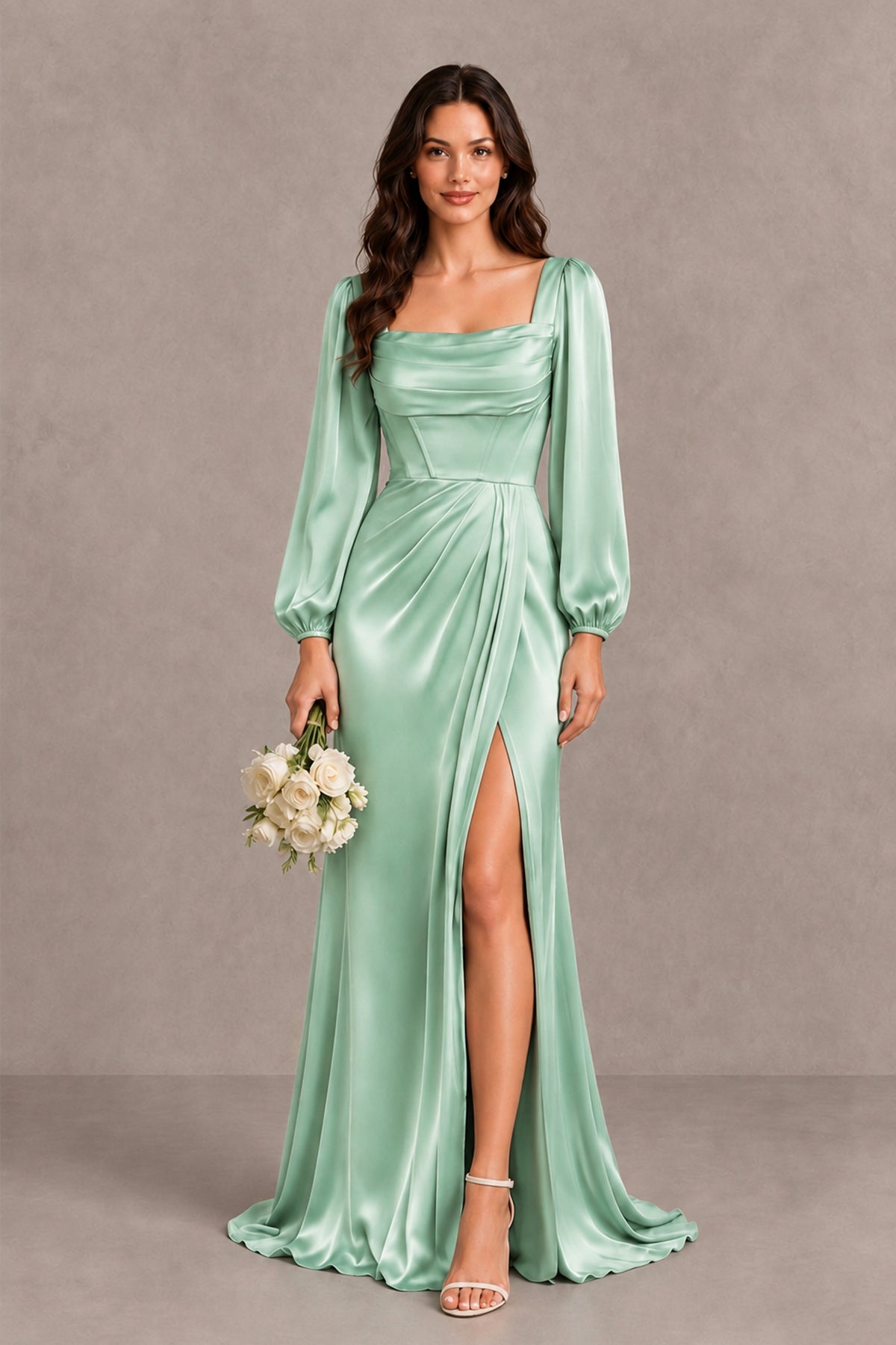 BOLODOO Mint Green Satin-Look Long Sleeve Evening Dress with High Slit - Mint Green - Mint Green_1