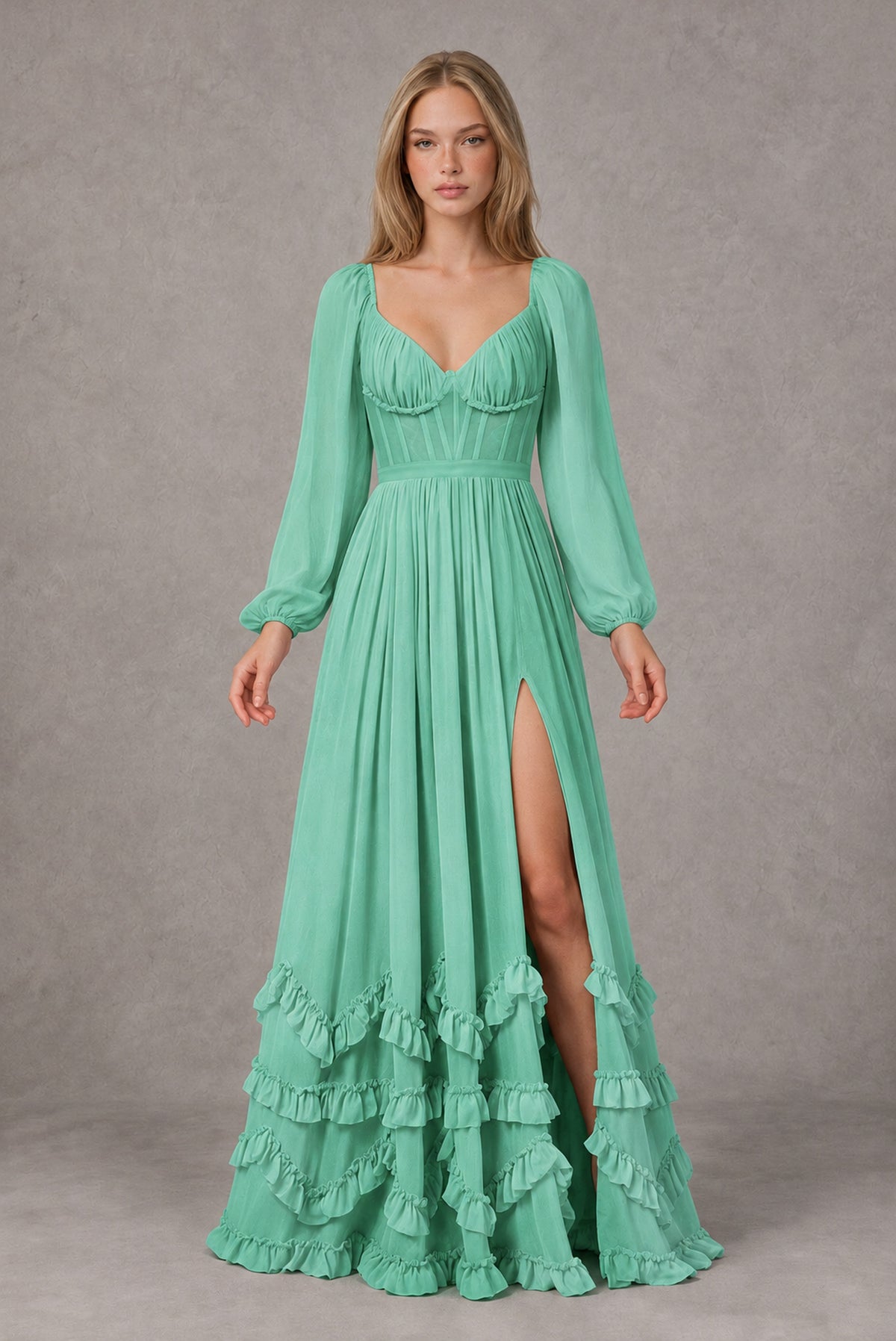 Mint Green Long-Sleeve Ruffle Maxi Dress with Lace-Up Back and Slit - Mint Green