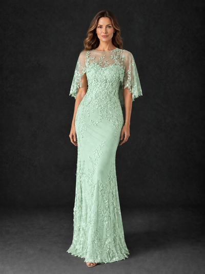 BOLODOO Mint Green Botanical Lace Flutter Sleeve Mermaid Gown - Mint Green - Mint_Green_1