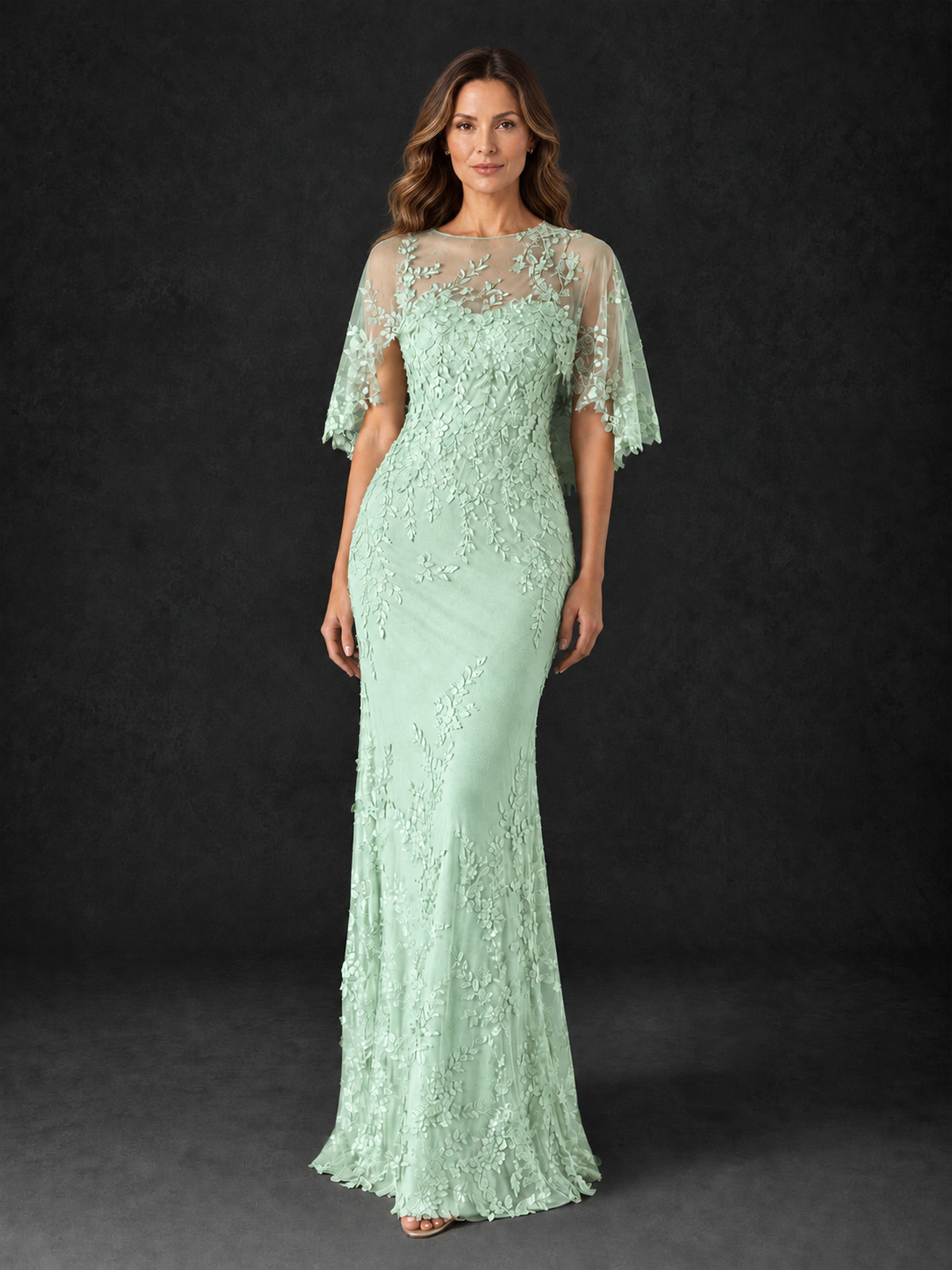 BOLODOO Mint Green Botanical Lace Flutter Sleeve Mermaid Gown - Mint Green - Mint_Green_1