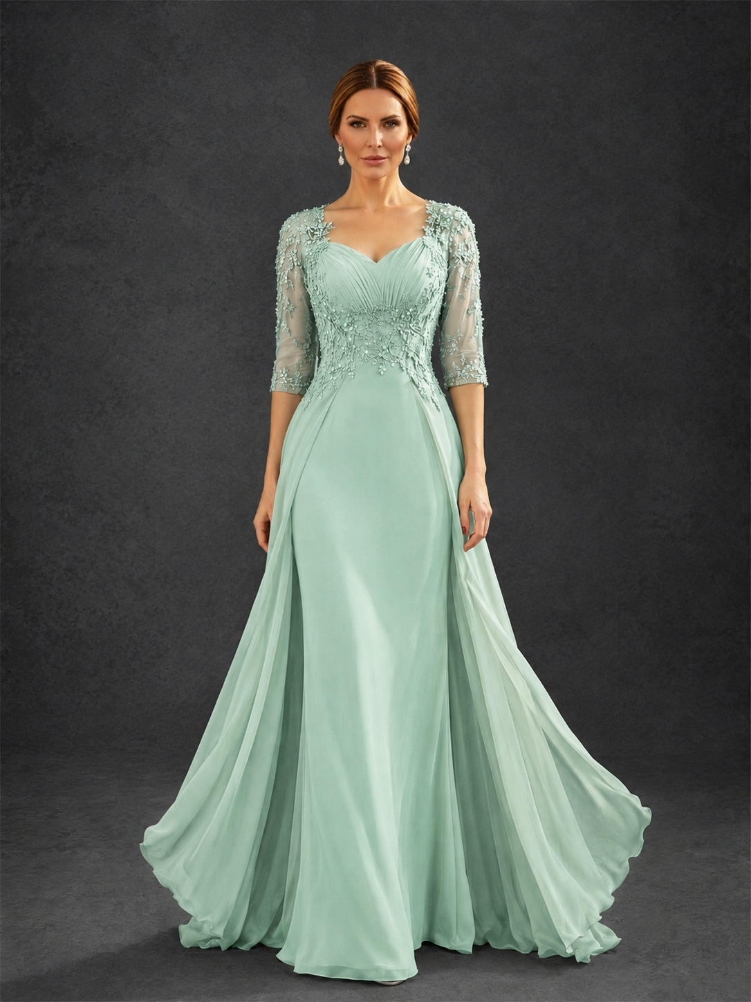 BOLODOO Mint Green Sweetheart Neck 3/4 Sleeve Floral Lace Illusion Bodice Chiffon A-Line Gown - Mint Green