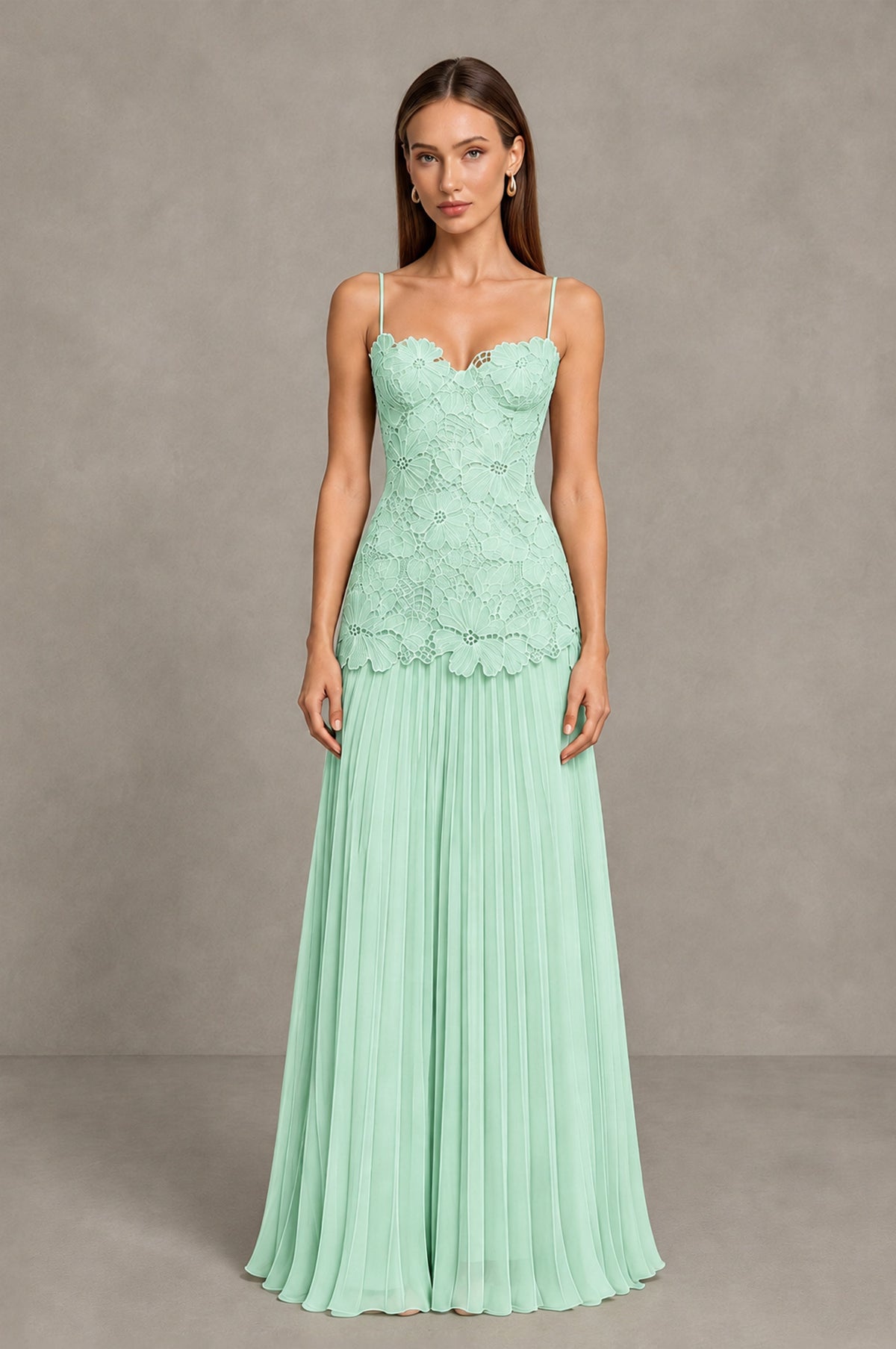 BOLODOO Mint Green Lace Bodice Pleated Wedding Guest Dress - Mint Green - Mint Green_1