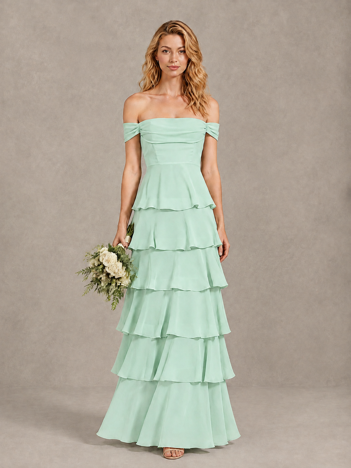 BOLODOO Mint Green Off-Shoulder Tiered Ruffle Bridesmaid Dress with Lace-Up Back - Mint Green - Mint Green_1