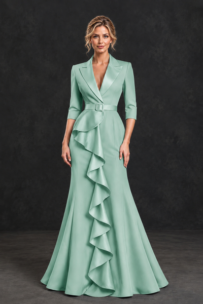 BOLODOO Mint Green Lapel Ruffle Mother of the Bride Dress with Belt - Mint Green - Mint Green_1