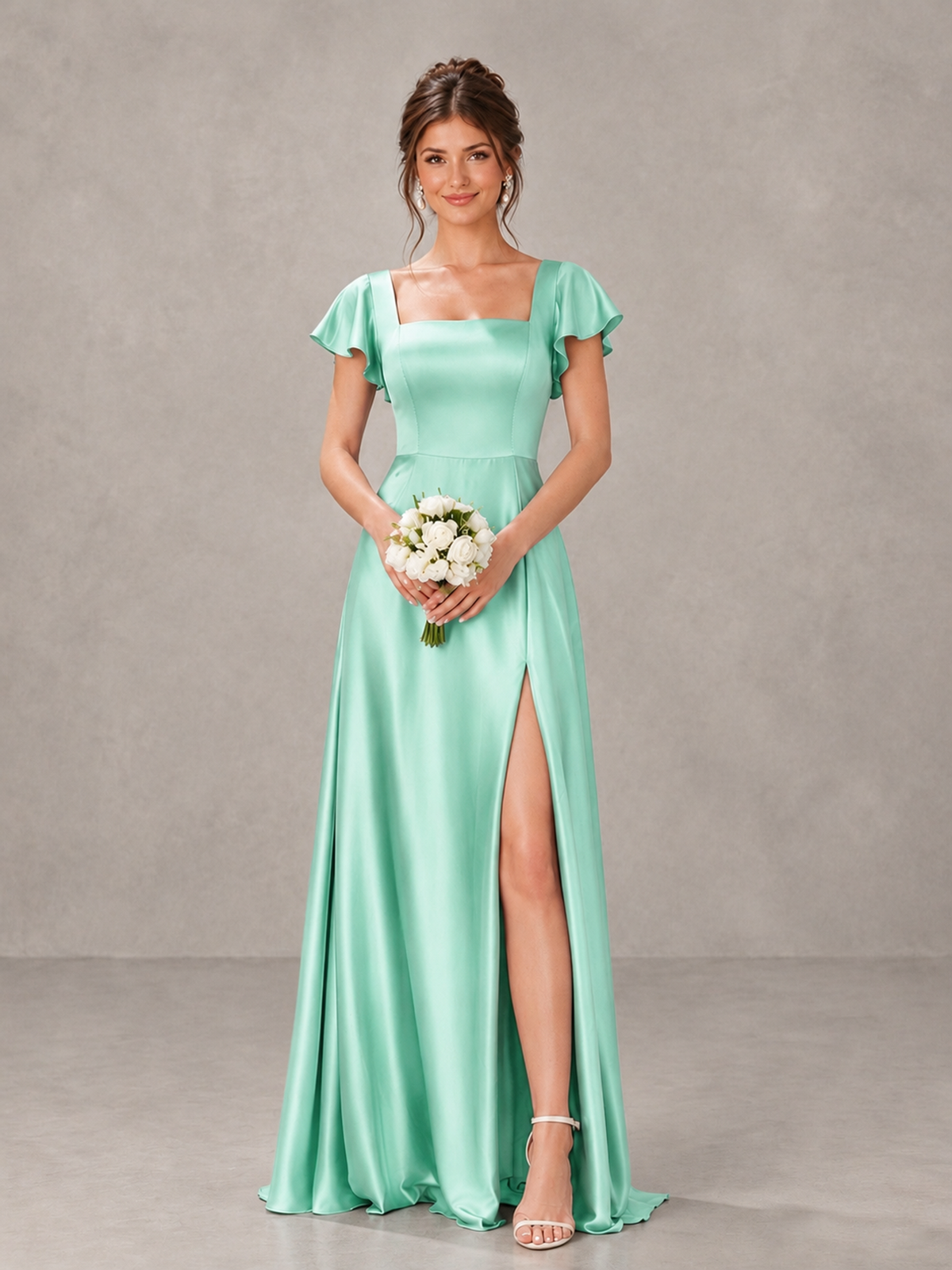 BOLODOO Mint Green Satin Square Neck Flutter Sleeve A-Line Bridesmaid Dress with Slit - Mint Green - Mint Green_1