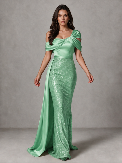 BOLODOO Mint Green Sequin Mermaid Evening Dress with Off-Shoulder Satin Drape and Sweep Train - Mint Green - Mint Green_1