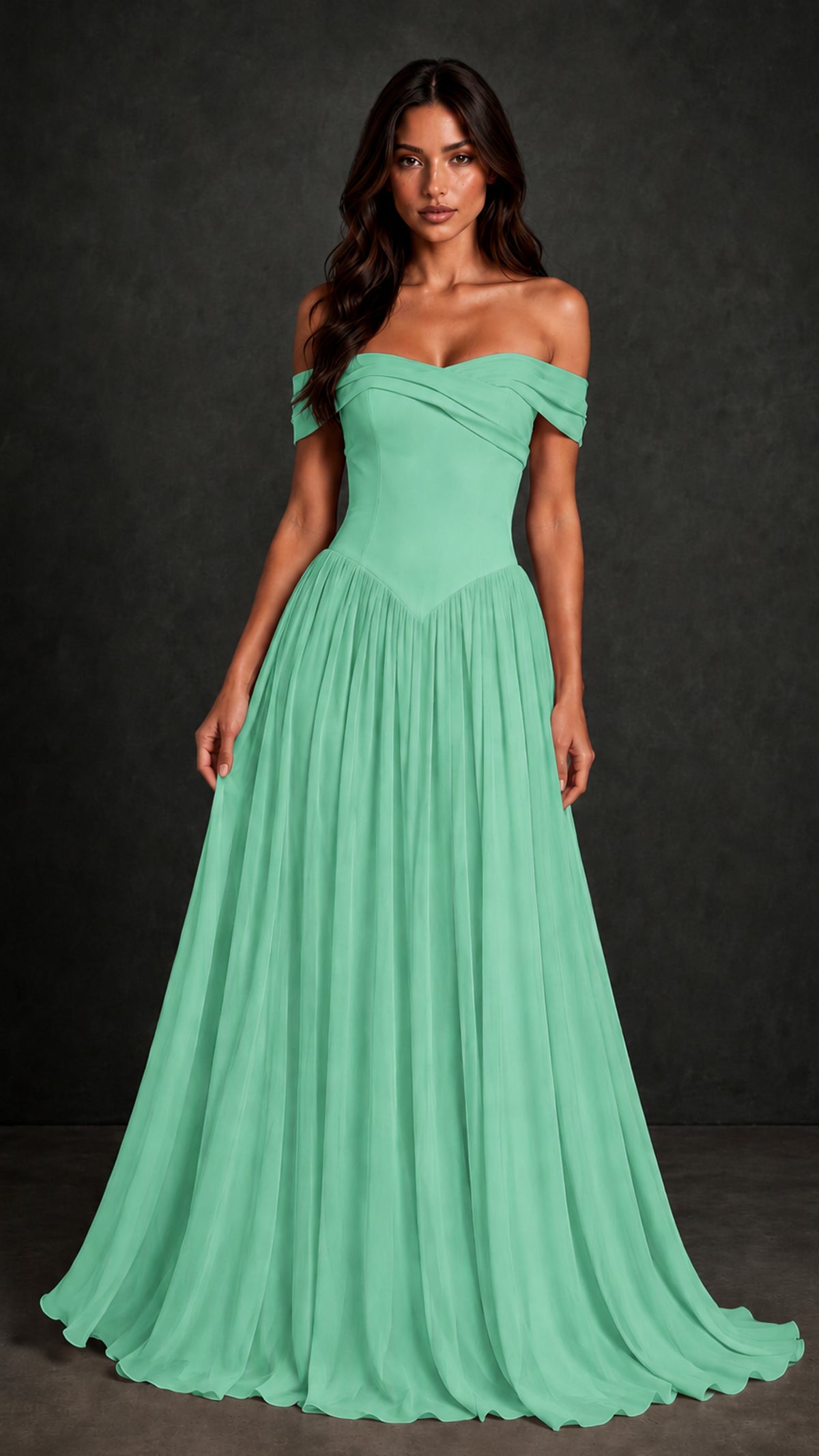 BOLODOO Mint Green Off-Shoulder Sweetheart Corset Pleated Chiffon Maxi Dress - Mint Green