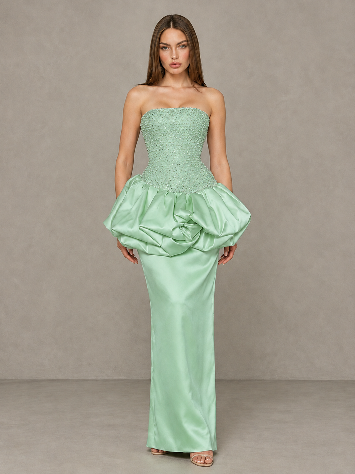 BOLODOO Mint Green Strapless Embellished Bubble Peplum Evening Dress - Mint Green - Mint Green_1