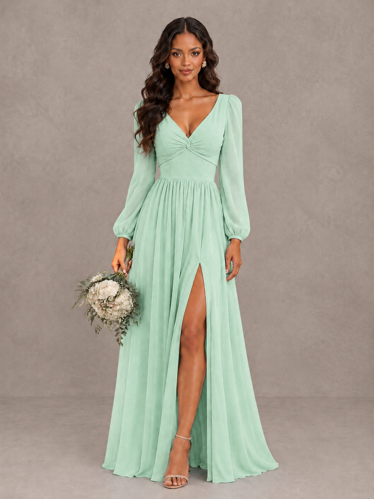 BOLODOO Mint Green V-Neck Long Sleeve Bridesmaid Dress with Tie Back and Slit - Mint Green - Mint Green_1
