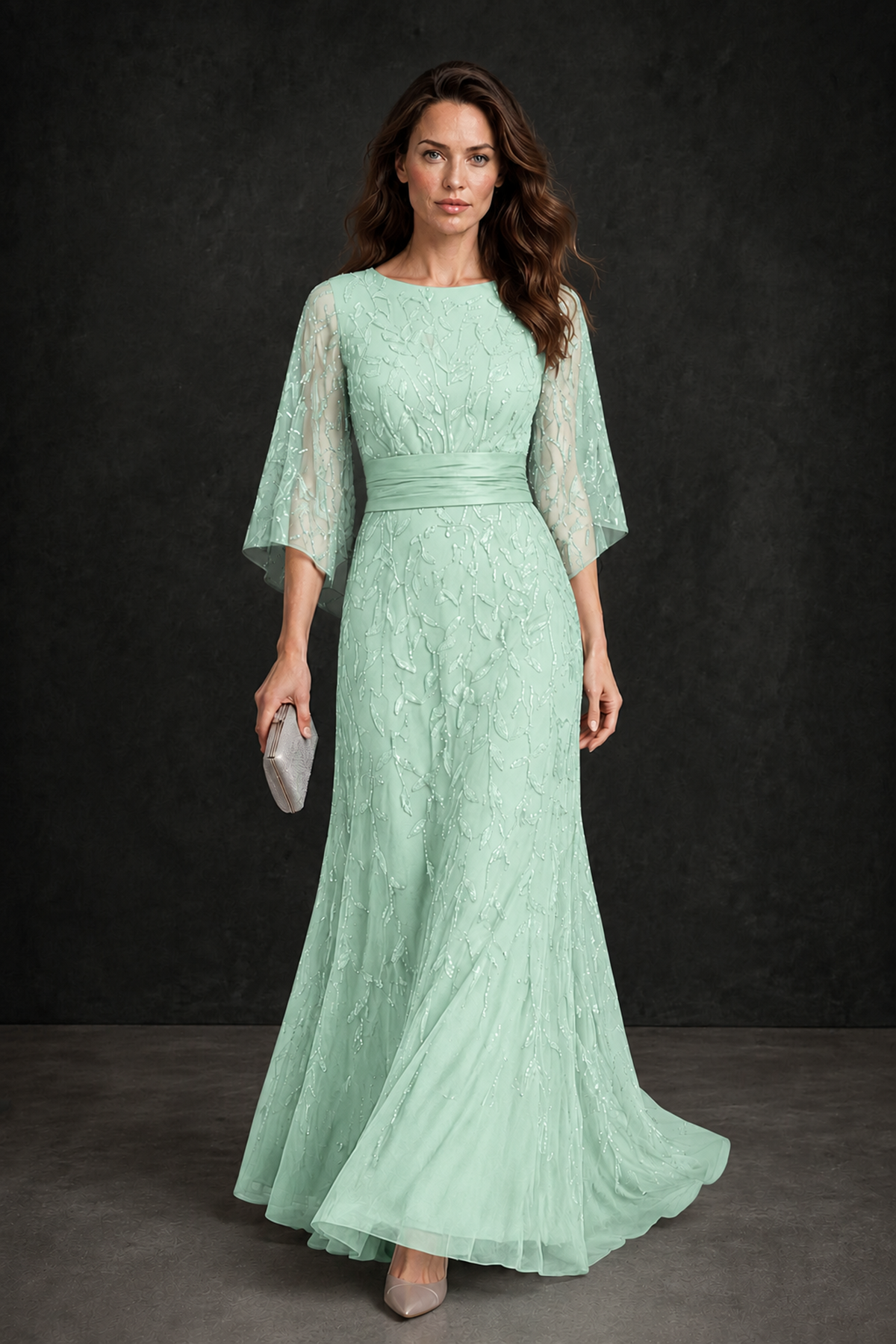 BOLODOO Mint Green Bateau Neck Bell Sleeve Sequin Embroidered Satin Waist A-Line Maxi Dress - Mint Green - Mint_Green_1