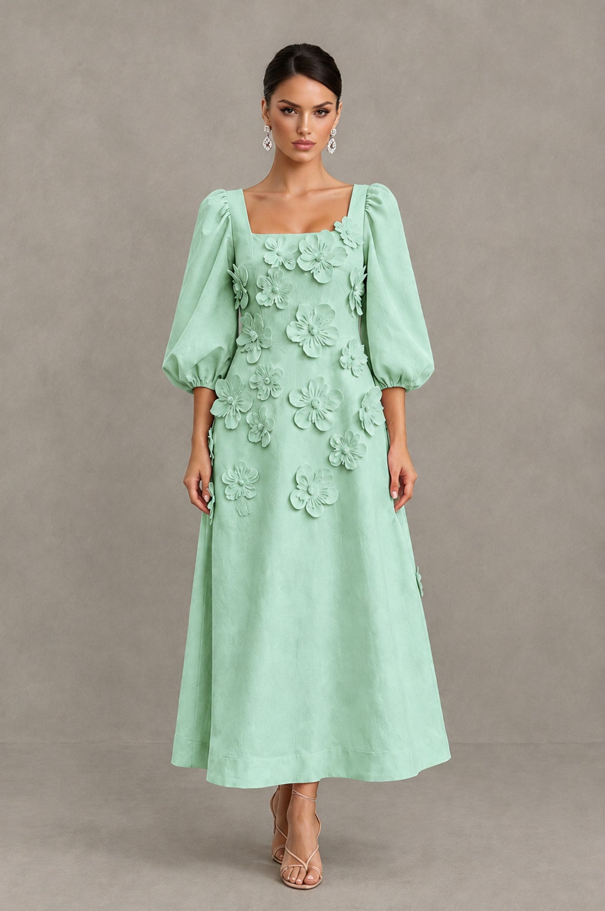 BOLODOO Mint Green 3D Floral Puff Sleeve Midi Cocktail Dress - Mint Green - Mint Green_1