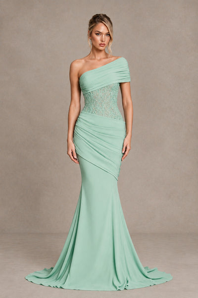 BOLODOO Mint Green One-Shoulder Sequin Embroidered Ruched Mermaid Gown with Train - Mint Green - Mint Green_1