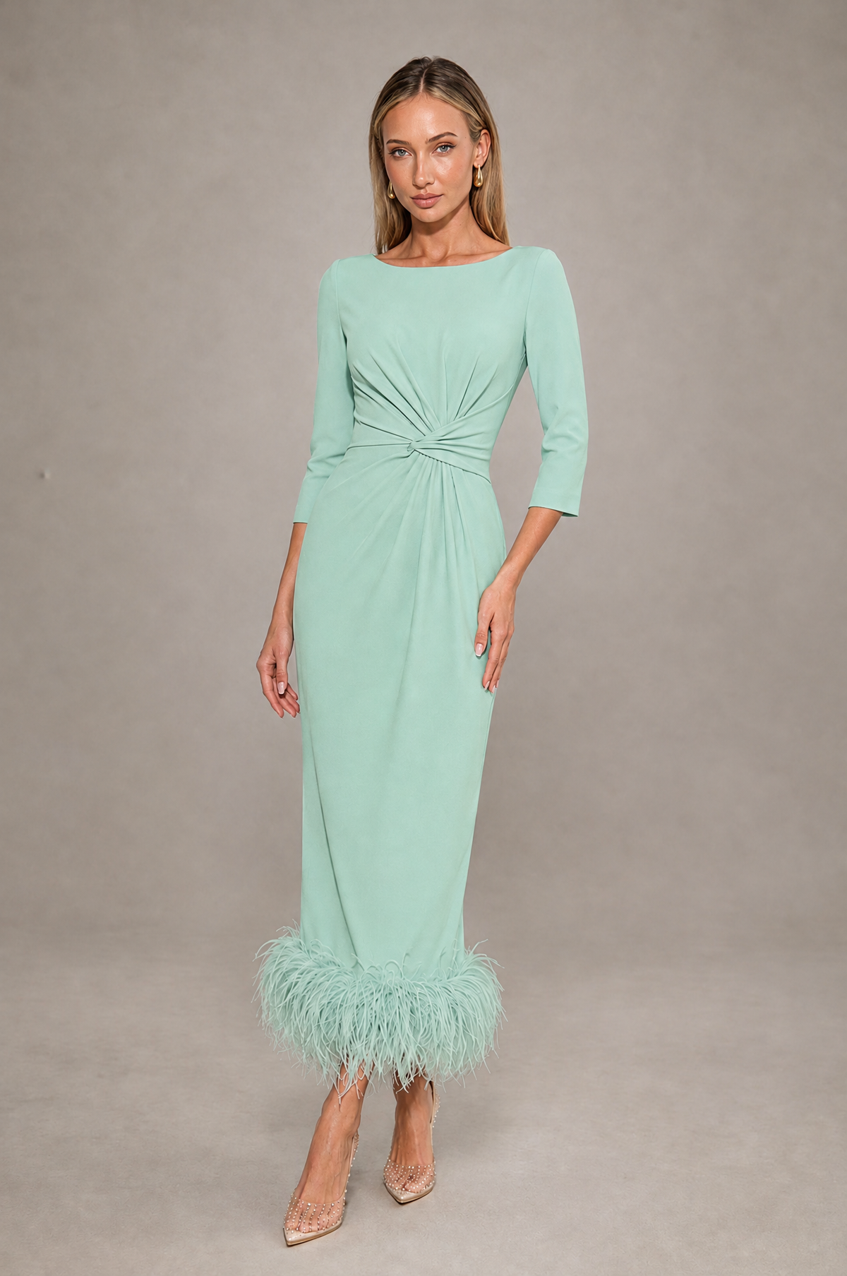 BOLODOO Mint Green Feather-Trim Twist-Waist Midi Dress - Mint Green - Mint_Green_1