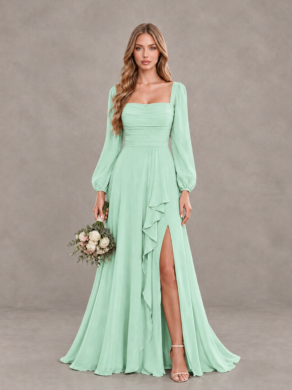 BOLODOO Mint Green Square Neck Long Sleeve Bridesmaid Dress with Ruffle Slit - Mint Green - Mint Green_1