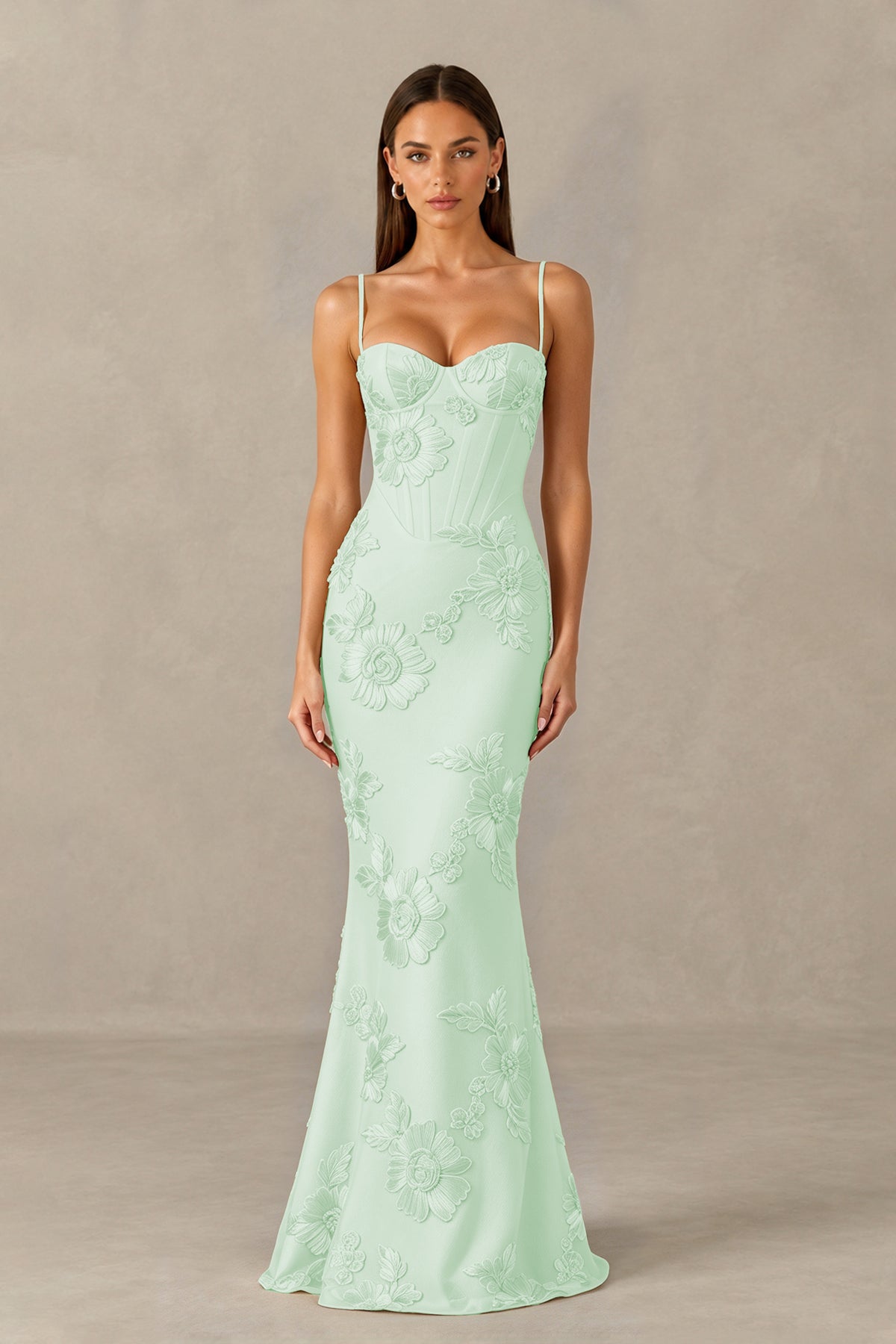 BOLODOO Mint Green Floral Lace-Up Back Mermaid Maxi Dress - Mint Green