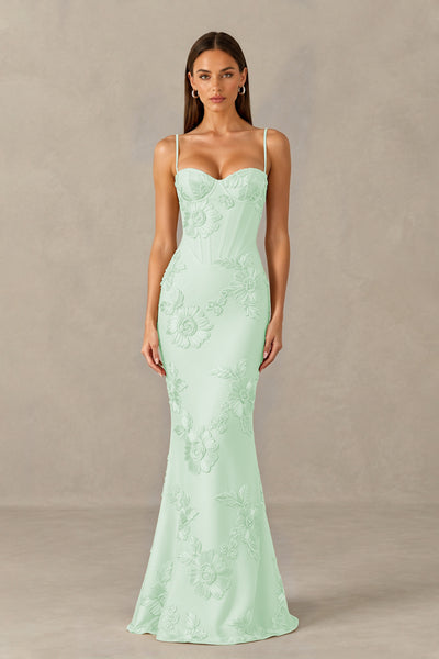 BOLODOO Mint Green Floral Lace-Up Back Mermaid Maxi Dress - Mint Green