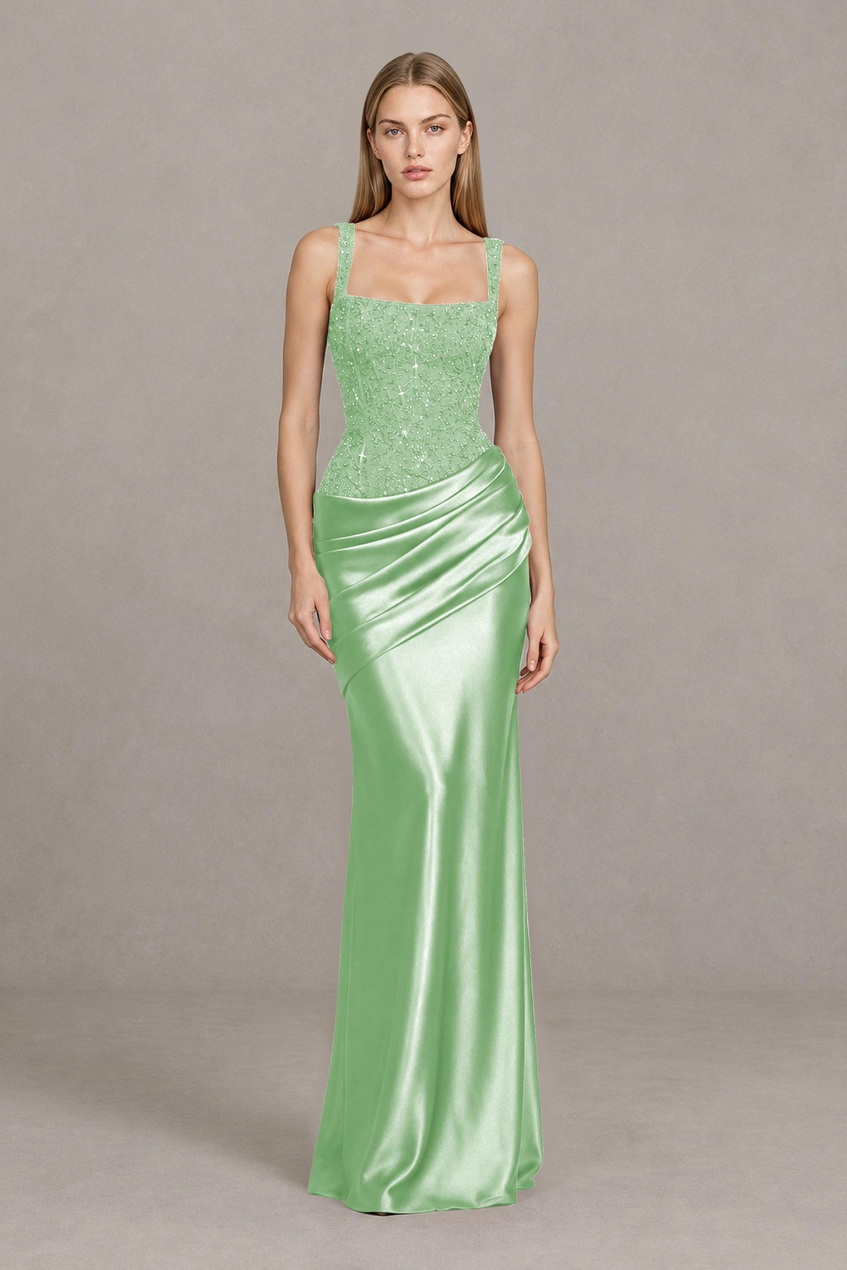 BOLODOO Mint Green Square Neck Embellished Satin Evening Gown - Mint Green