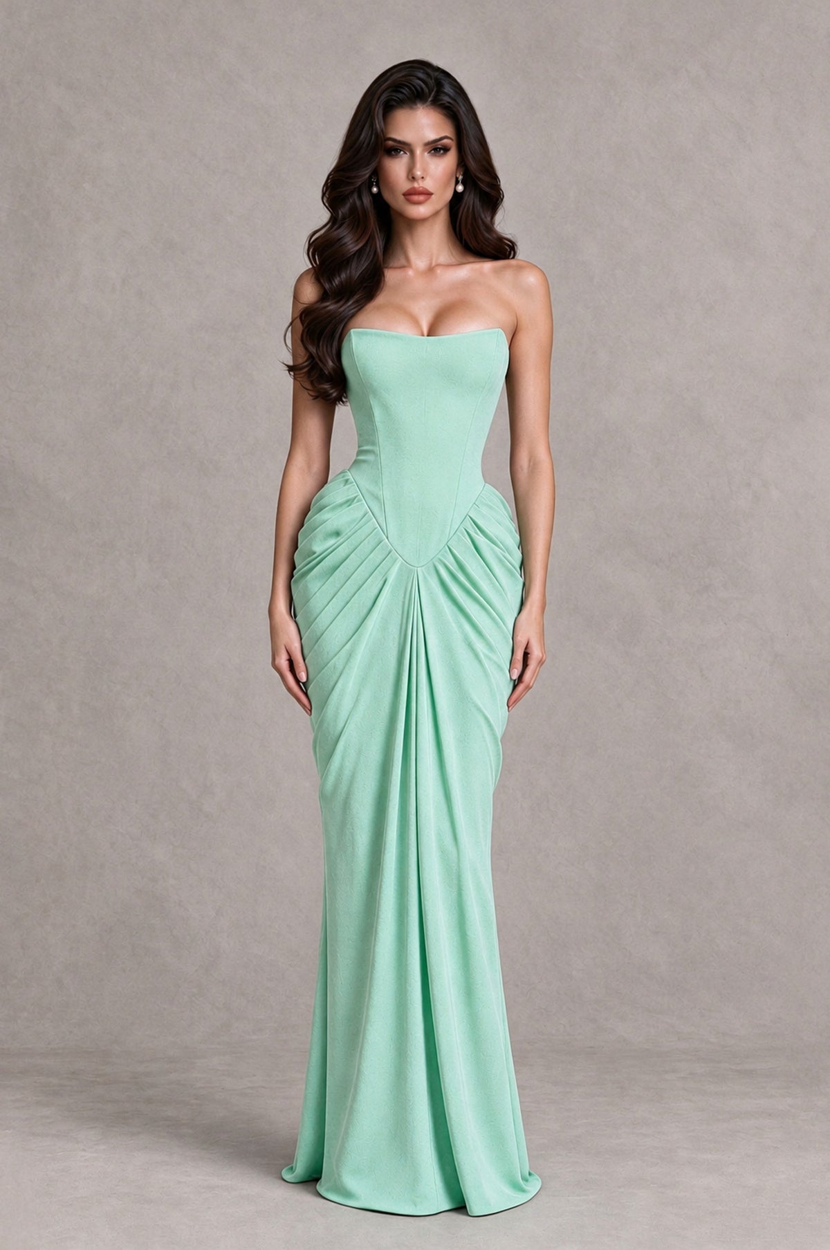 BOLODOO Mint Green Strapless Ruched Corset Evening Gown - Mint Green - Mint Green_1