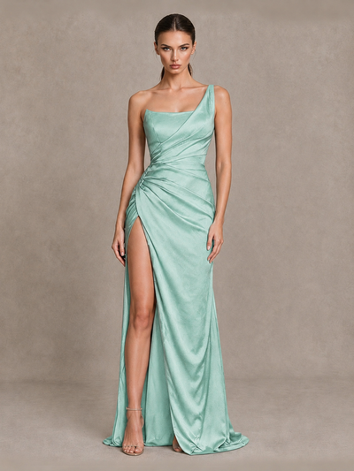 BOLODOO Mint Green One Shoulder Satin Evening Gown with High Slit and Sweep Train - Mint Green - Mint Green_1