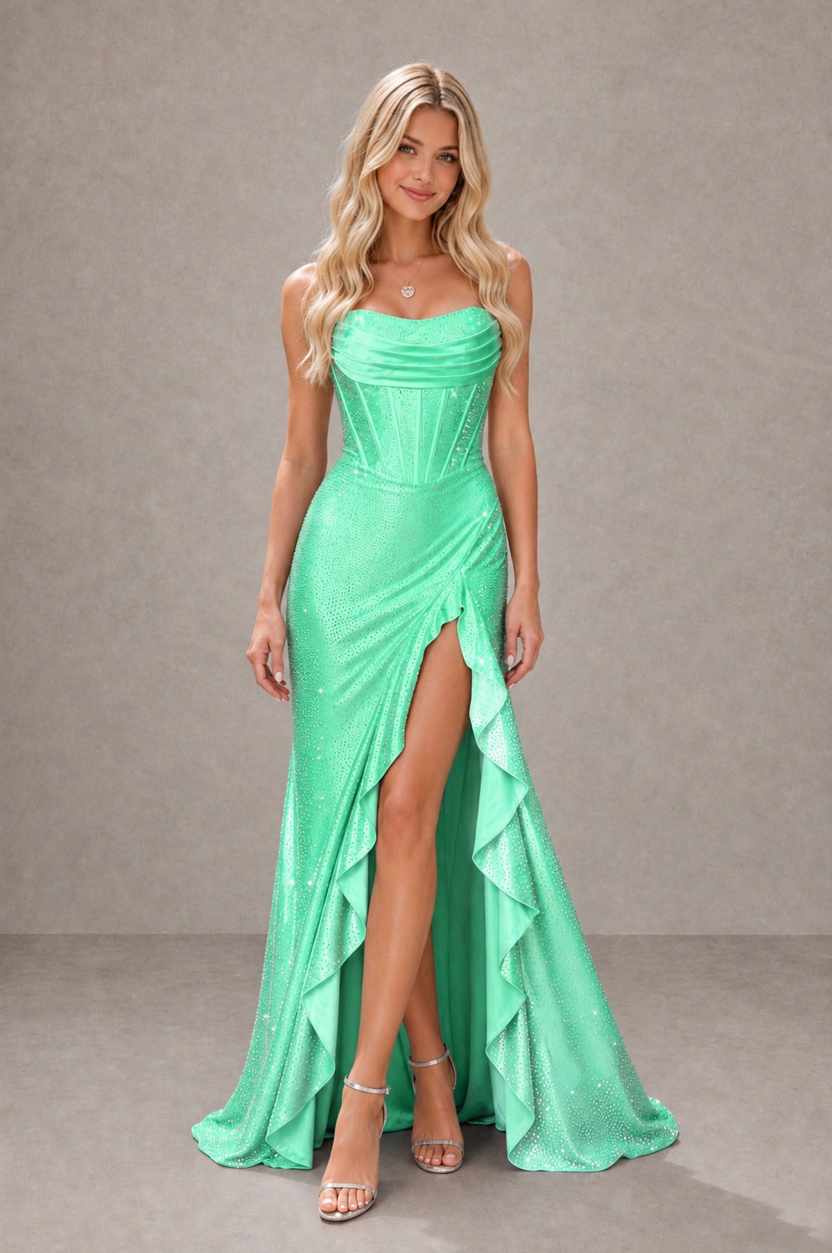 BOLODOO Mint Green Strapless Corset Mermaid Prom Dress with Ruffle Slit - Mint Green - Mint Green_1
