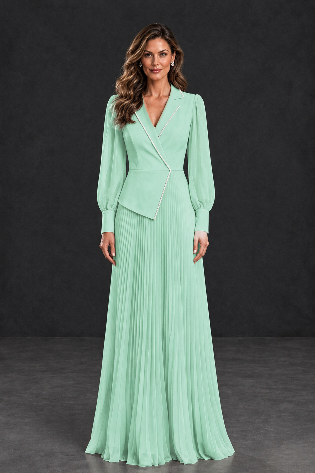 BOLODOO Mint Green Long Sleeve Pleated Mother of the Bride Dress - Mint Green - Mint Green_1