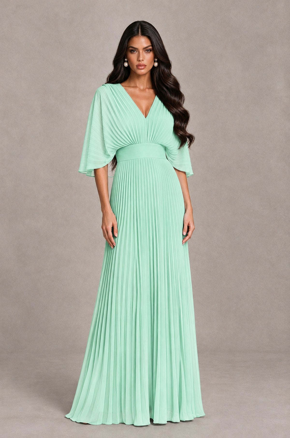 BOLODOO Mint Green V-Neck Pleated Flutter Sleeve Formal Dress - Mint Green - Mint Green_1