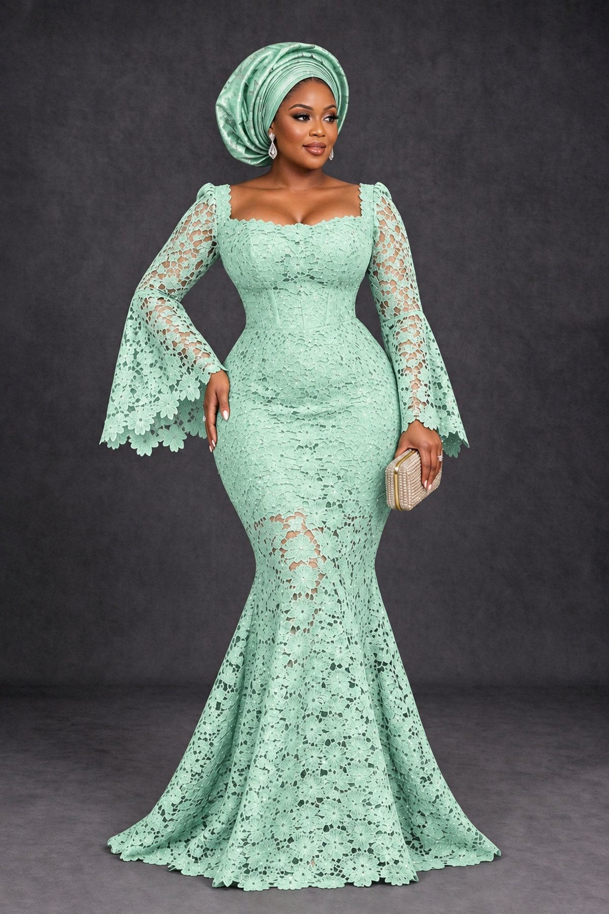 BOLODOO Mint Green African Lace Mermaid Dress, Plus Size Nigerian Wedding Guest Gown with Bell Sleeves - Mint Green - Mint Green_1