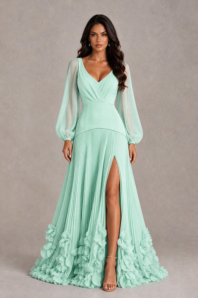 BOLODOO Mint Green V-Neck Long Sleeve Pleated Floral Hem Evening Dress - Mint Green - Mint Green_1