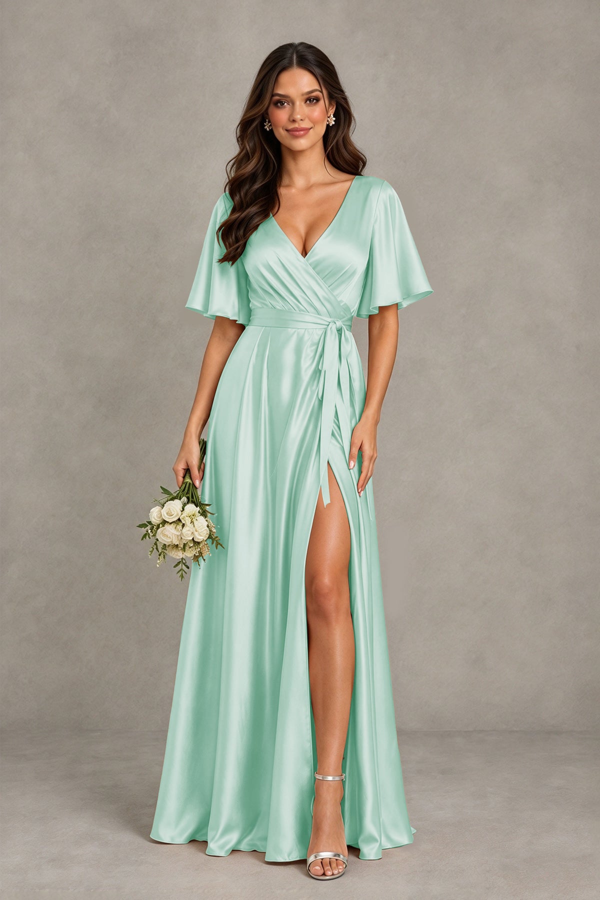 BOLODOO Mint Green Satin V-Neck Flutter Sleeve Bridesmaid Dress with Slit - Mint Green - Mint Green(1)