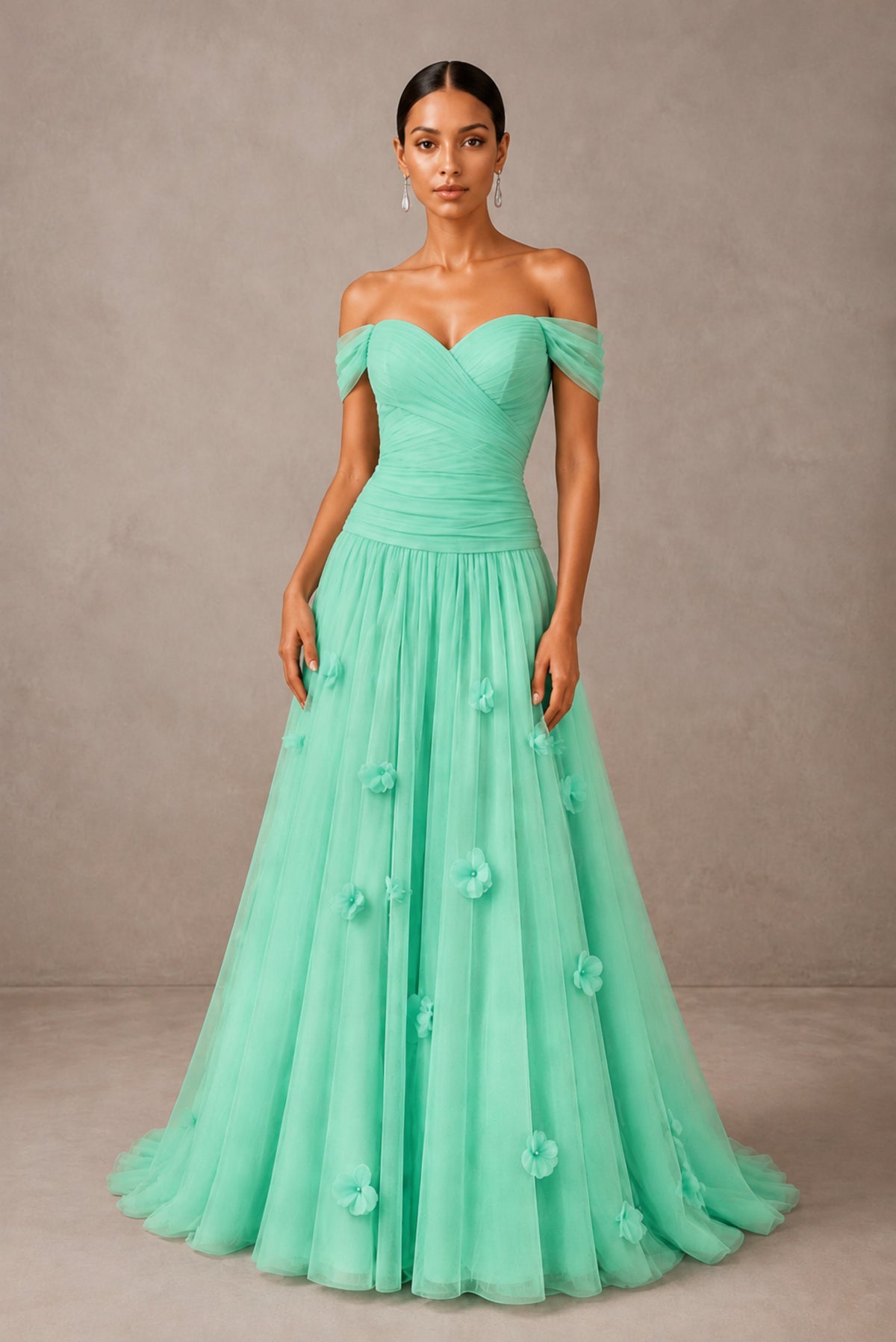 Mint Green Off-Shoulder Sweetheart A-Line Tulle Gown with 3D Floral Appliques | BOLODOO - Mint Green
