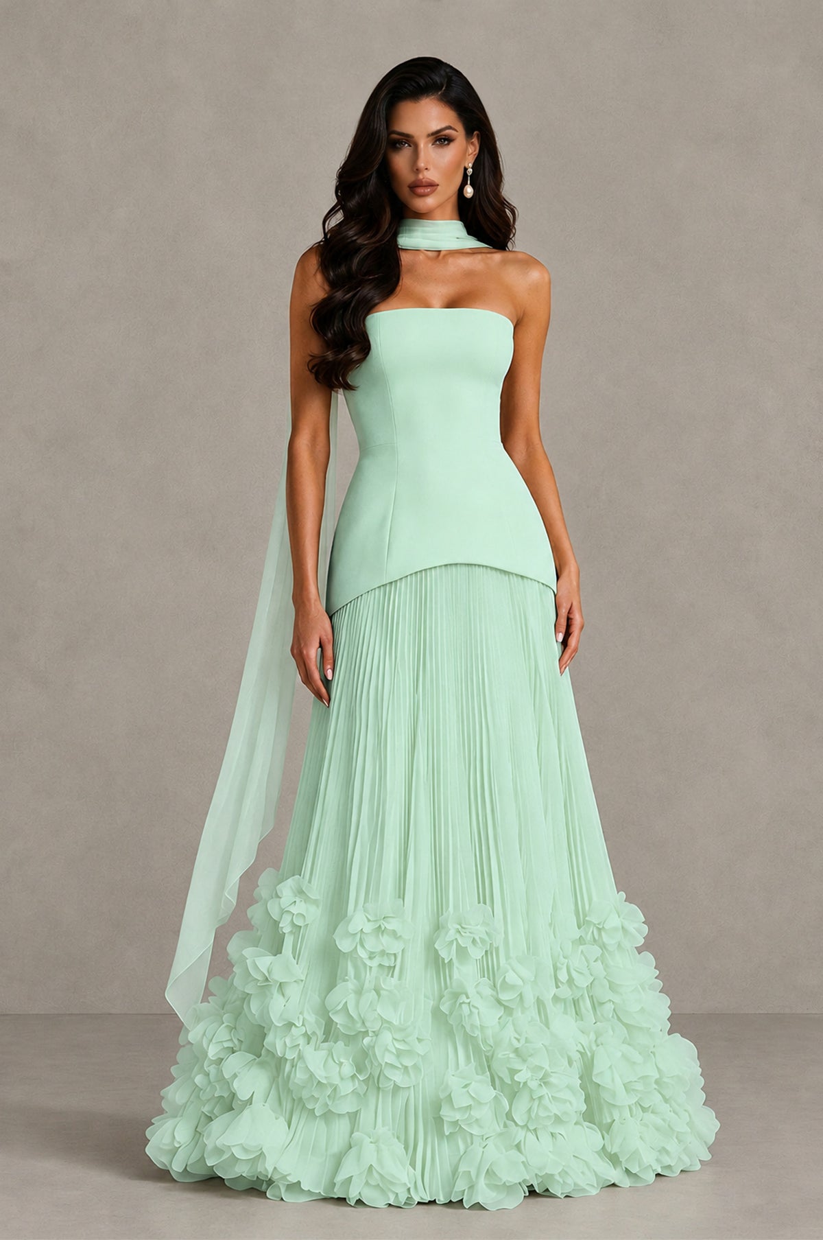 BOLODOO Mint Green Strapless Pleated Floral Hem Evening Gown - Mint Green - Mint Green_1