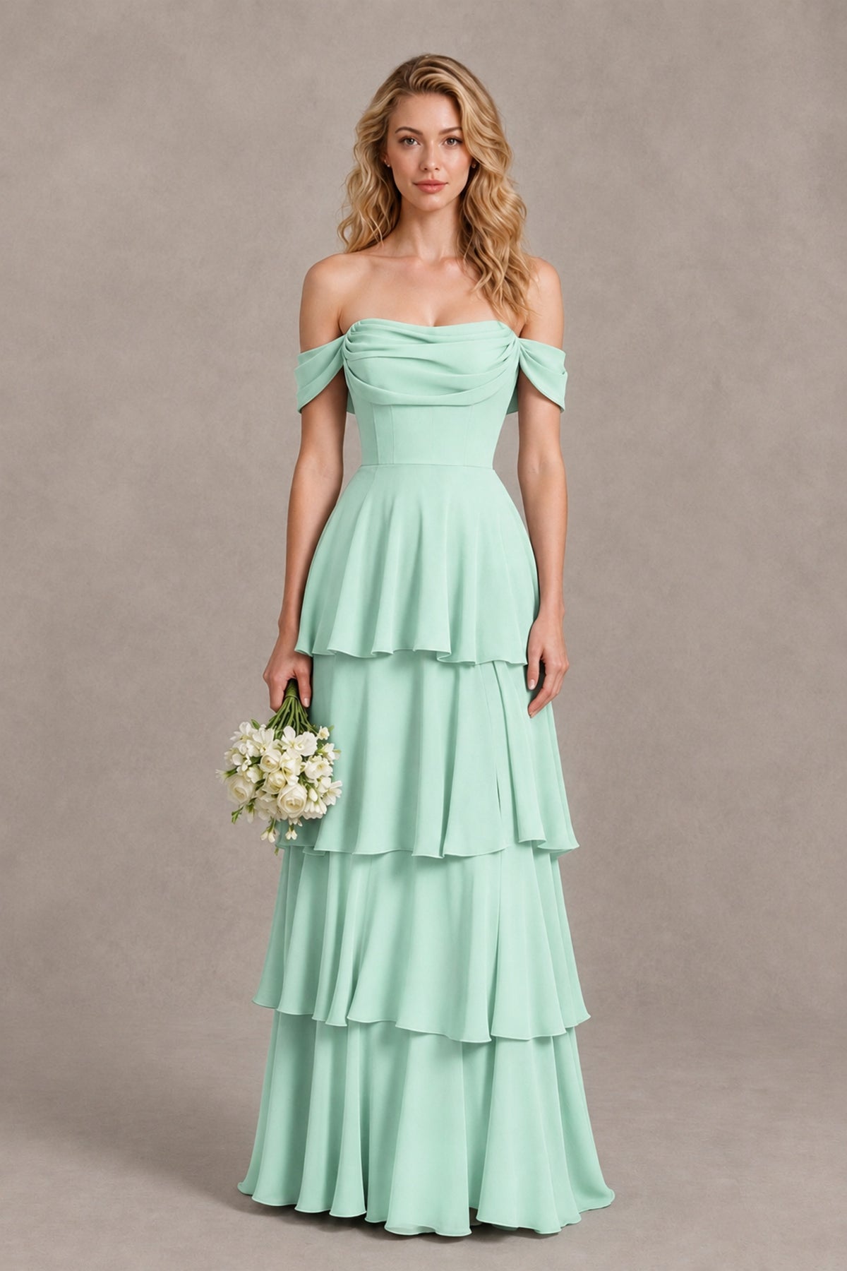 BOLODOO Mint Green Off-the-Shoulder Tiered A-Line Evening Bridesmaid Dress - Mint Green - Mint Green_1