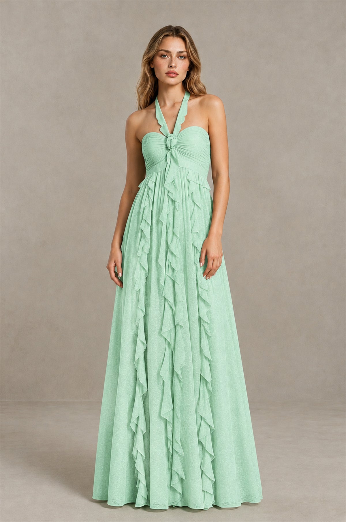 BOLODOO Mint Green Halter Ruffle A-Line Floor-Length Evening Dress - Mint Green - Mint_Green_1